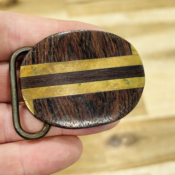 Vintage 70s Oval Belt Buckle Brass Wood Inlay Mountain Western Boho Hippie - Picture 1 of 3